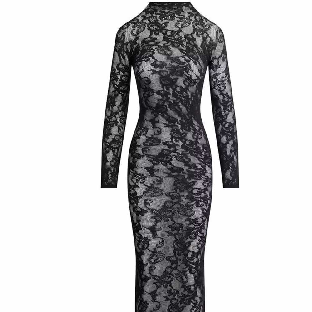 SKIMS Black Lace Long Sleeve Dress